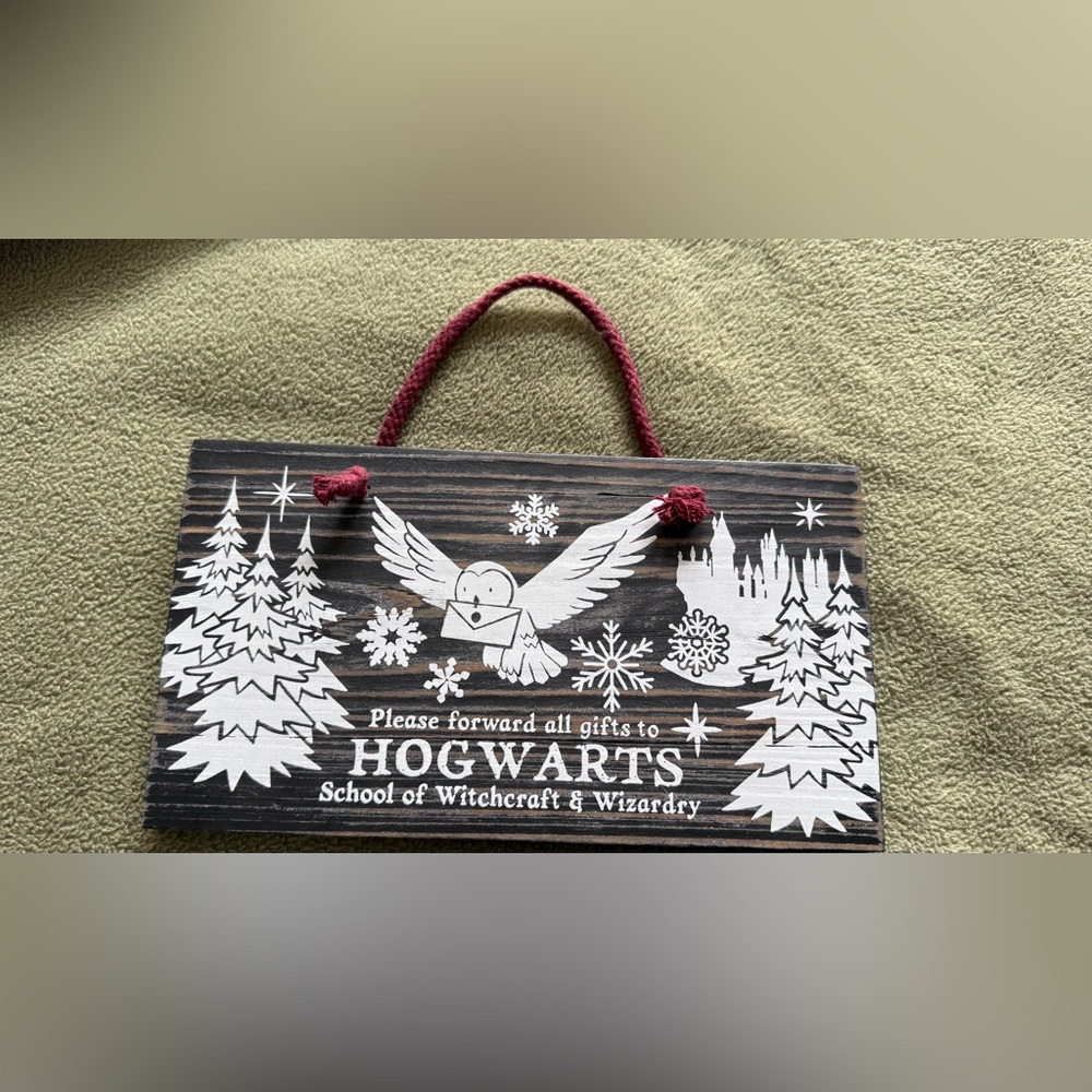 Hogwarts 'Please Forward All Gifts' Holiday Wall Sign - White on Brown